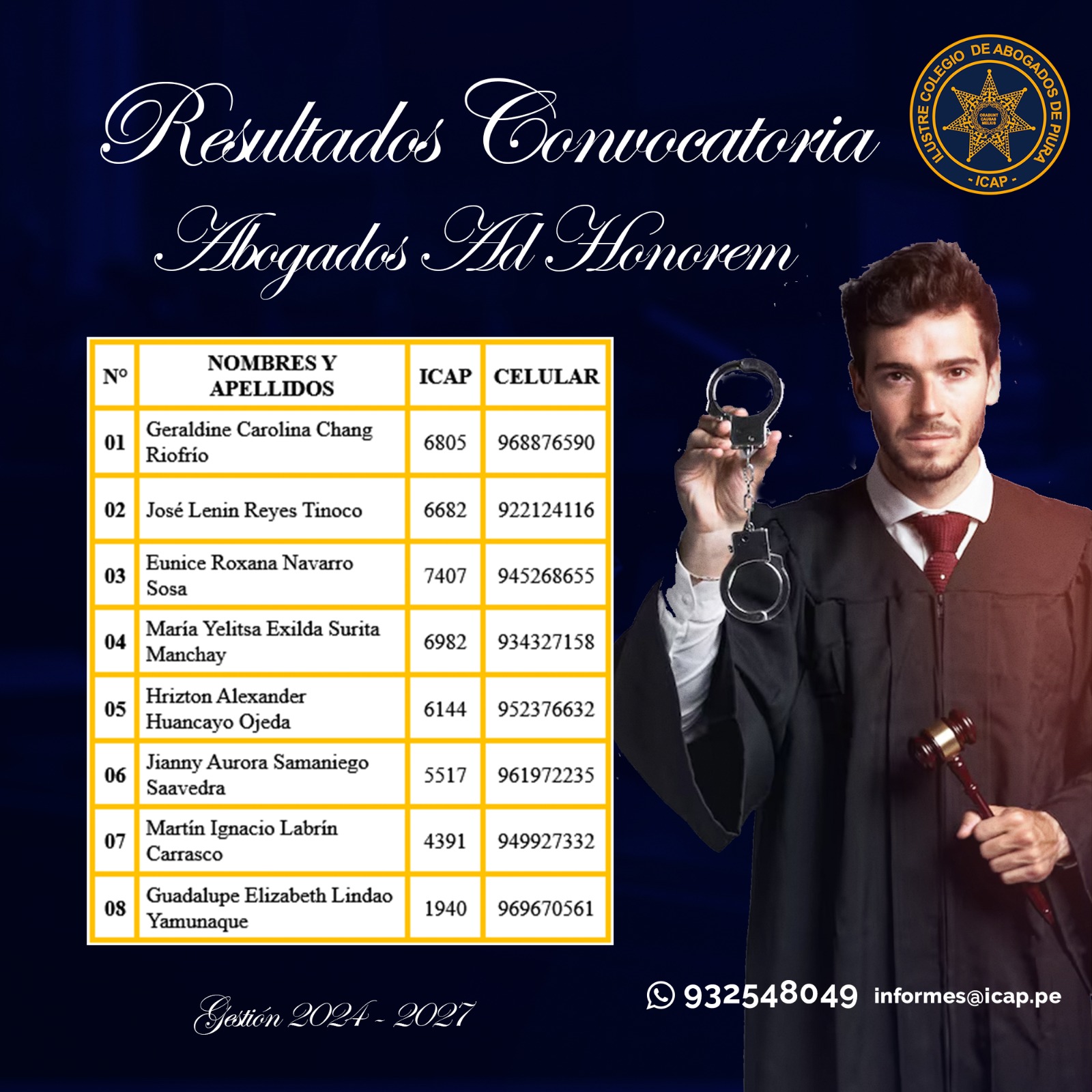 De acuerdo a la resolución de decanato N° 033-2026-ICAP, se resuelve aprobar y designar la nómina de Abogados Ad Honorem del Ilustre Colegio de Abogados de Piura para el año judicial 2026, la misma que estará integrada por los siguientes abogados: Image